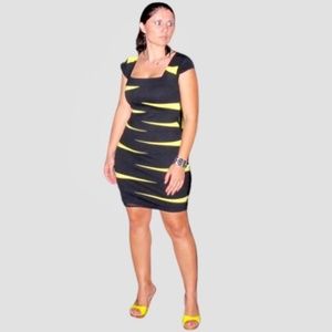 INC Square Neck Black and Yellow Midi Sheath Stretch Dress Cap sleeves